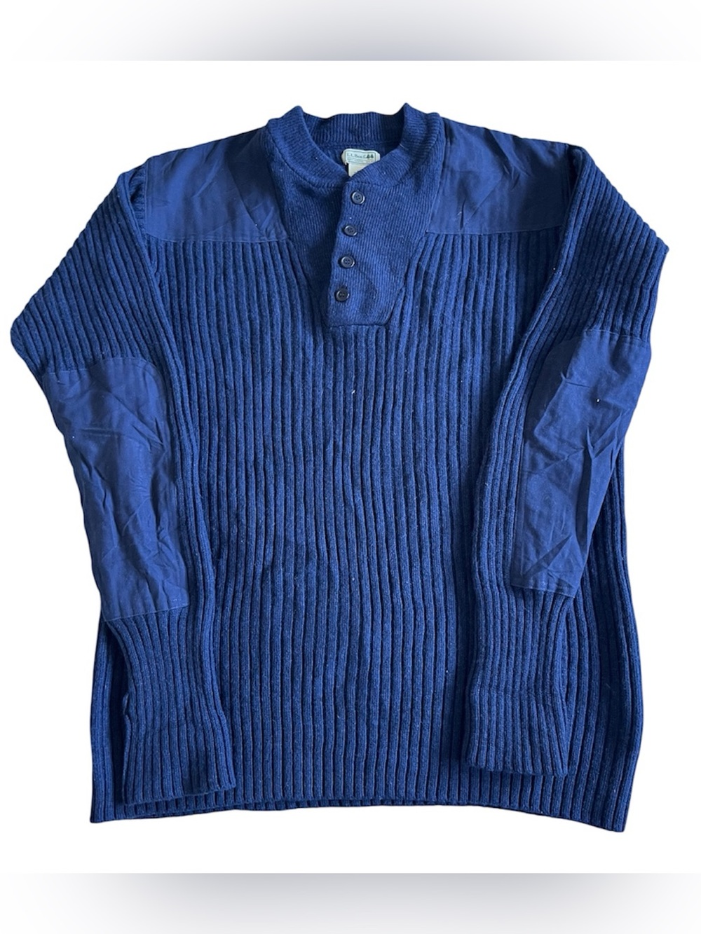 LL Bean Commando Sweater Mens XL Navy Henley lambswool Ribbed Knit Military